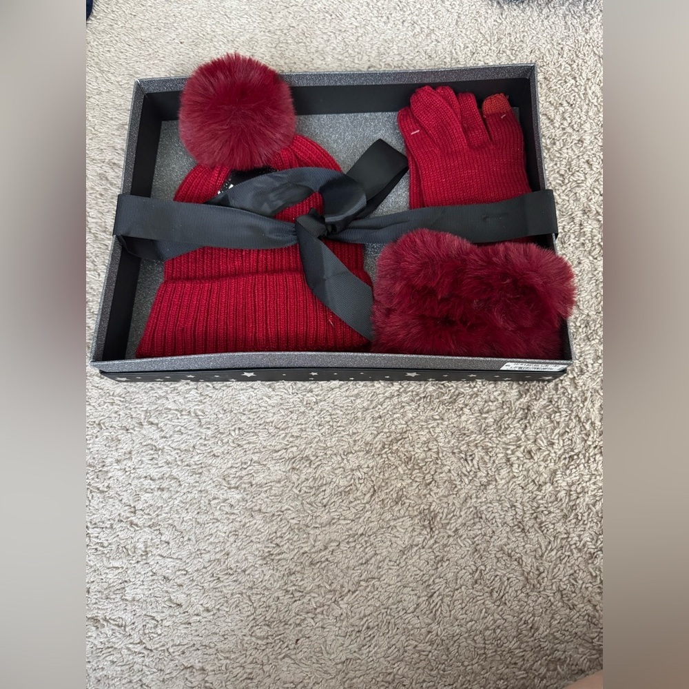 I.N.C. International Concepts Red Knit Beanie and Glove Set with Pom Poms